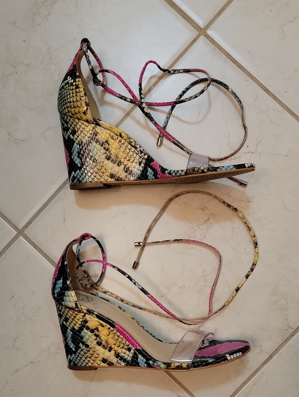 Vince Camuto Multicolor Snake-Print Wedge Sandals with Clear Toe Strap